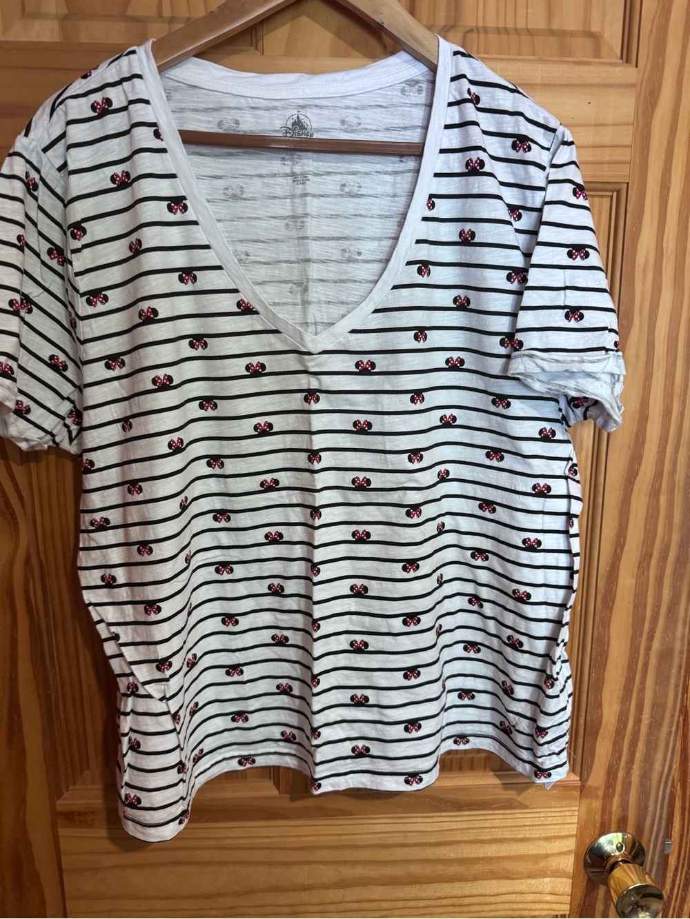 Disney White & Black Striped V-Neck Tee with Minnie Mouse ears